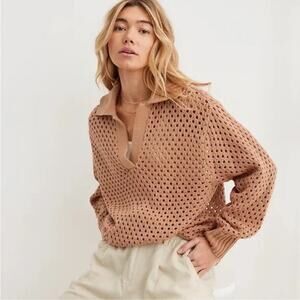 Aerie Tan Oversized Open Knit Polo Sweater Size Medium